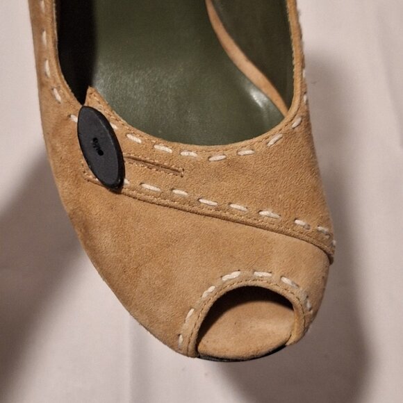 Vintage Colin Stuart Brown Suede Peep Toe Heels 7.5 Chunky Office Retro Academia - Picture 9 of 11